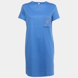 Hermes Blue Cotton Embroidered Pocket Detail T-Shirt Dress M