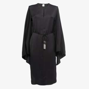 Hermes Black Crepe Cape Effect Belted Midi Dress M