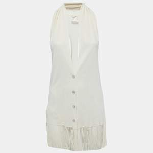 Hermes Cream Knit Button Front Fringed Sleeveless Cardigan S