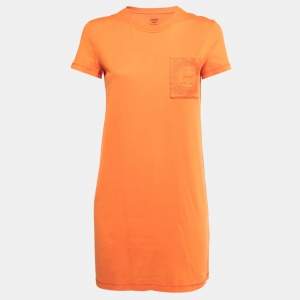 Hermes Orange Cotton Embroidered Pocket Long T-Shirt S