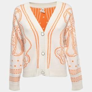 Hermès Cream/Orange Embroidered Cashmere Blend Button Front Cardigan S