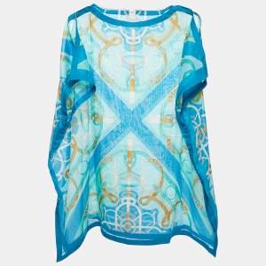 Hermes Blue Belt Print Cotton Side Buttoned Kaftan Tunic Top One Size