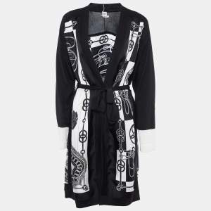 Hermes Black/White Printed Silk & Knit Belted Cardigan M