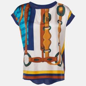 Hermes Navy Blue Coaching Print Silk & Knit Crew Neck Top S