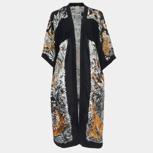 Hermes Black Animal Print Silk & Knit Trim Long Twillaine Cardigan M