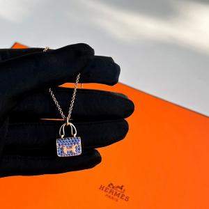 Hermes Rose Gold Blue Sapphire Diamonds Constance Pendant Necklace 
