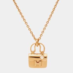 Pre Owned Hermes Diamond Charm Constance Amulette 18K Rose Gold Pendant Necklace