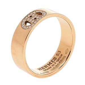 Hermès H d'Ancre Diamond 18K Rose Gold Band Ring Size 53
