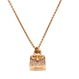 Hermes Birkin Amulette Diamond 18k Rose Gold Pendant Necklace