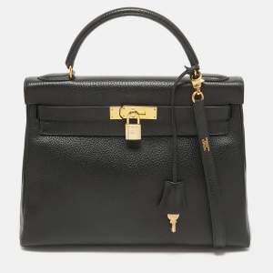 Hermes Noir Ardennes Leather Gold Finish Kelly Retourne 32 Bag