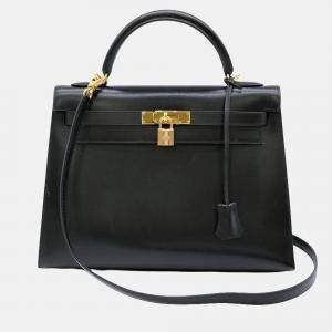 Hermes Black Box Calf Leather Kelly 32 Handbag