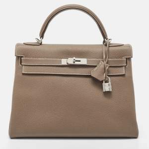 Hermes Etoupe Togo Leather Palladium Finish Kelly Retourne 32 Bag