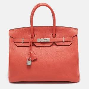 Hermes Rouge Pivoine Togo Leather Palladium Finish Birkin 35 Bag