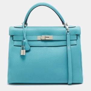 Hermes Celeste Taurillon Clemence Leather Palladium Finish Kelly Retourne 32 Bag