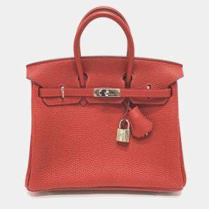 Hermes Vermillion Red Leather Birkin 25 Tote Bag