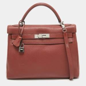 Hermes Rouge Garance Togo Leather Palladium Finish Kelly Retourne 32 Bag