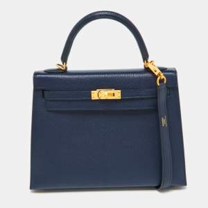 Hermes Blue Encre Chevre Mysore Leather Gold Finish Kelly Sellier 25 Bag