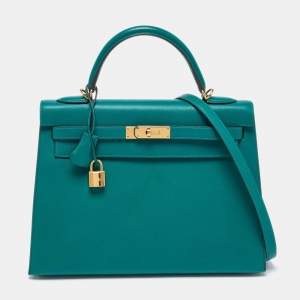 Pre Owned Hermes Malachite Epsom Leather Gold Finish Kelly Sellier 32 Bag