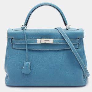 Hermes Blue Jean Leather Togo Kelly 32 Top Handle Bag