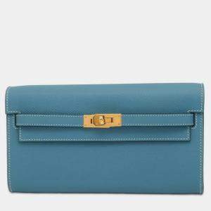 Hermes Blue Jean Epson Kelly Wallet Long To-Go Shoulder Bag