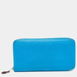 Hermes Blue Izmir Epsom Leather Silk'In Classique Long Wallet