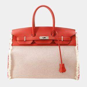 Hermes Limited Edition Rouge de Coeur Swift and Ecru Twill H Toile Canvas Fray Fray Birkin 35 Totes