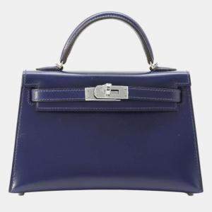 Hermes Blue Saphir Box Calf Leather Mini Kelly II Sellier Top Handle Bag