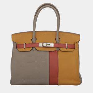 Hermes Gris Tourtelle, Moutarde, Sanguine Clemence and Swift Leather Birkin 30 Tote Bag