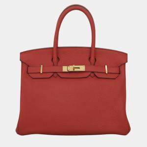 Hermes Rouge Tomate Clemence Leather Birkin 30 Tote Bag