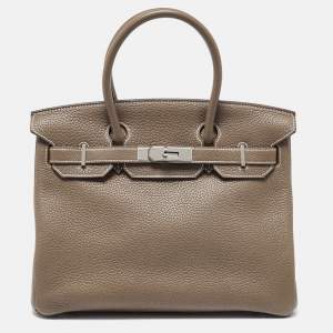 Hermes Etoupe Grey Taurillion Clemence Leather Palladium Finish Birkin 30 Bag