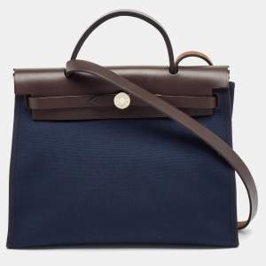 Hermes Bleu Marine/Ebene Toile Canvas and Vache Hunter Leather Herbag Zip 31 Bag