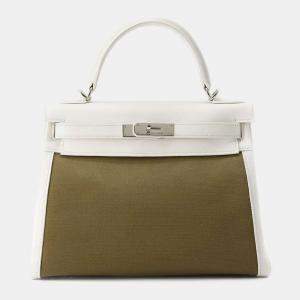 Hermes White/Khaki Gulliver Leather Toile Gibecire Kelly Retourne bag Size 28