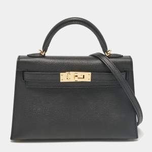 Pre Owned Hermes Noir Epsom Leather Gold Finish Mini Kelly II Sellier 20 Bag