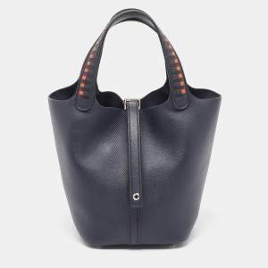Pre Owned Hermès Bleu Indigo/Terre Battue/Noir Epsom Leather Picotin Lock Tressage 18 Bag