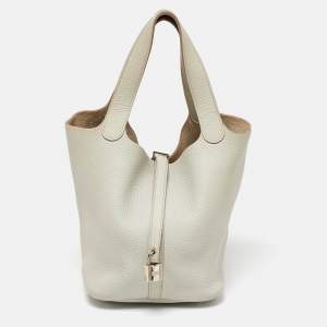 Hermes Pearl Grey Taurillon Clemence Leather Picotin Lock 22 Bag