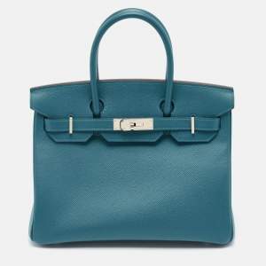 Hermes Bleu De Galice Epsom Leather Palladium Finish Birkin 30 Bag