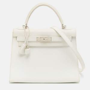 Hermes Blanc Epsom Leather Palladium Finish Kelly Sellier 28 Bag