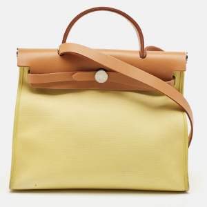 Pre Owned Hermes Lime/Natural Toile and Vache Hunter Herbag Zip 31 Bag