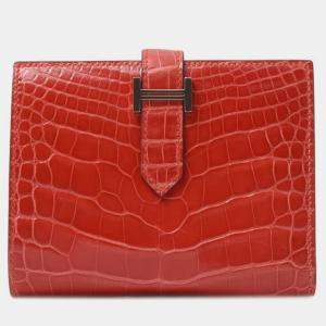 Hermès Red Geranium Shiny Alligator Compact Bearn Wallet