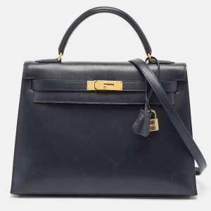 Hermes Bleu Marine Box Leather Gold Finish Kelly Sellier 32 Bag