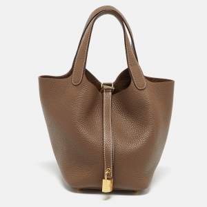 Hermes Etoupe Taurillon Clemence Leather Picotin Lock 18 Bag