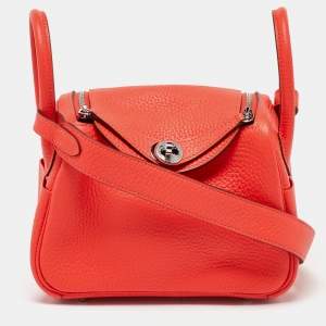 Pre Owned Hermes Orange Field Taurillon Clemence Leather Palladium Finish Mini Lindy Bag