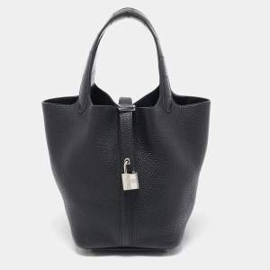 Hermes Noir Taurillon Clemence Leather and Alligator Touch Picotin Lock 18 Bag