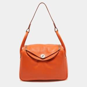 Hermes Orange Evercolor Leather Palladium Finish Lindy 30 Bag