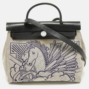 Hermes Ecru/Noir/ Bleu Indigo Toile H and Vache Hunter Pegase Pop Herbag Zip 31 Bag