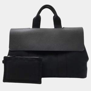 Hermes Valparaiso MM Canvas Leather Tote Bag Black Canvas