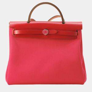 Hermes Herbag zip Rose Mexico/Rouge Piman Toile H Vache Hunter Leather Size PM