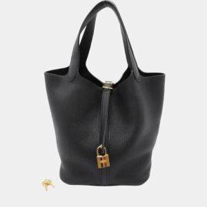 Hermes Black Noir Taurillon Clemence Calfskin (cowhide) Picotin Lock MM bag