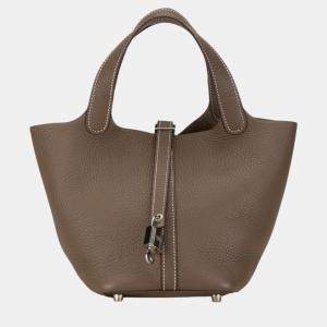 Hermes Etoupe Greige Taurillon Clemence Picotin Lock 18 Handbag