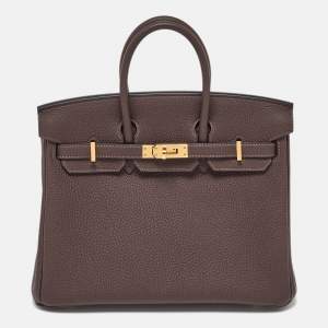 Hermes Chocolat Togo Leather Gold Finish Birkin 25 Bag
